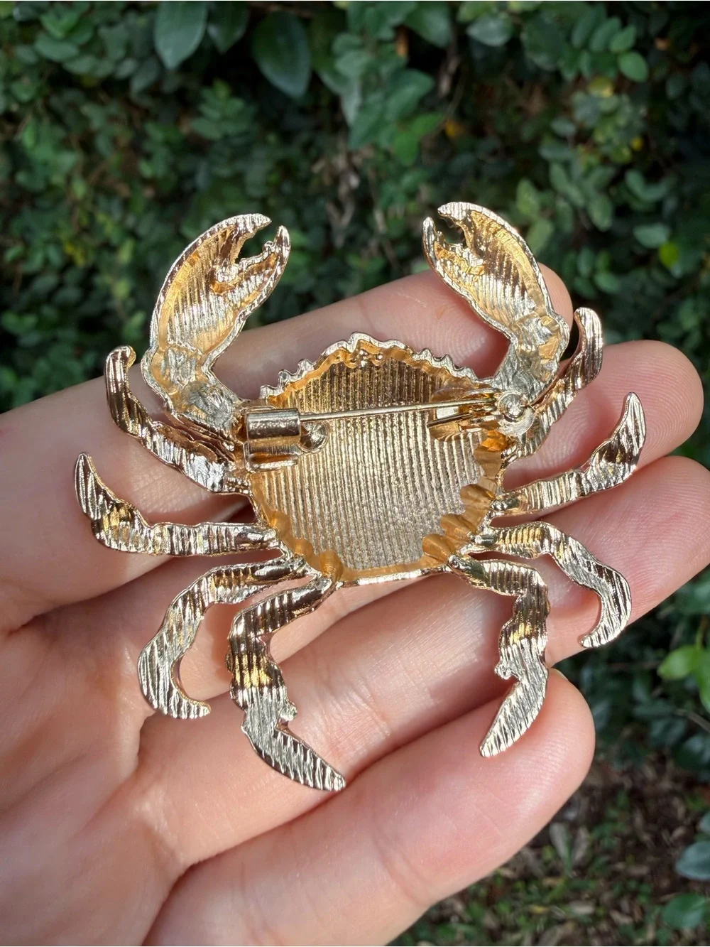 Gold-Tone Crystal Crab Brooch — Iridescent Blue Accent
